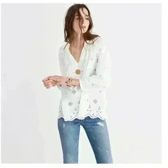 Women's Madewell Eyelet Popover White Top Size XXS - Picture 3 of 5